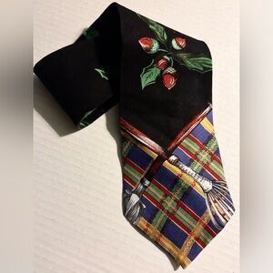 VINTAGE Wide Fall/Autumn Neck Tie 55” Short BLACK Tartan+Acorns Stix Baer Fuller